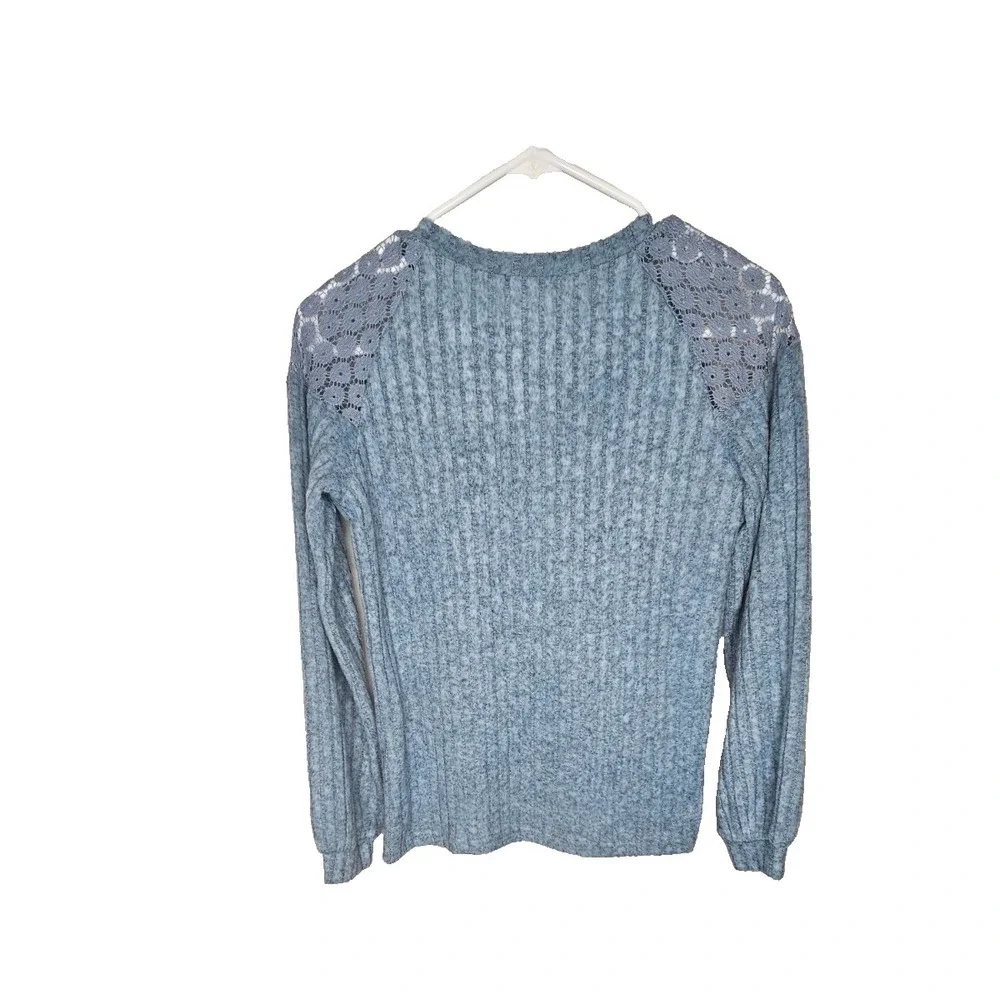 Girls 12 13 Youth 2XL Blue Rib Knit‎ Top Lace Shoulder Long Sleeve